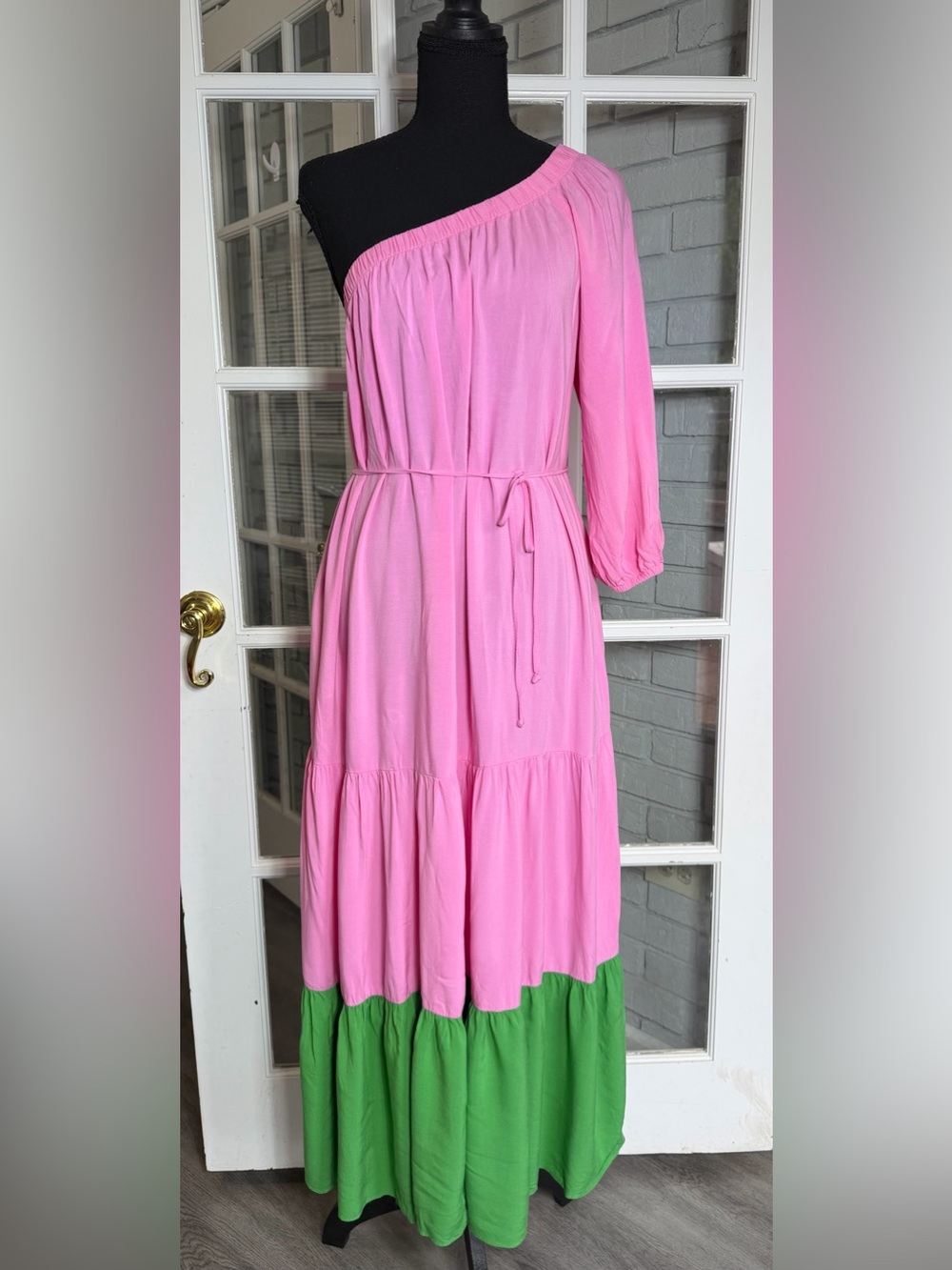 Scoop One Shoulder Maxi Dress M Women’s Pink/Green Pockets
